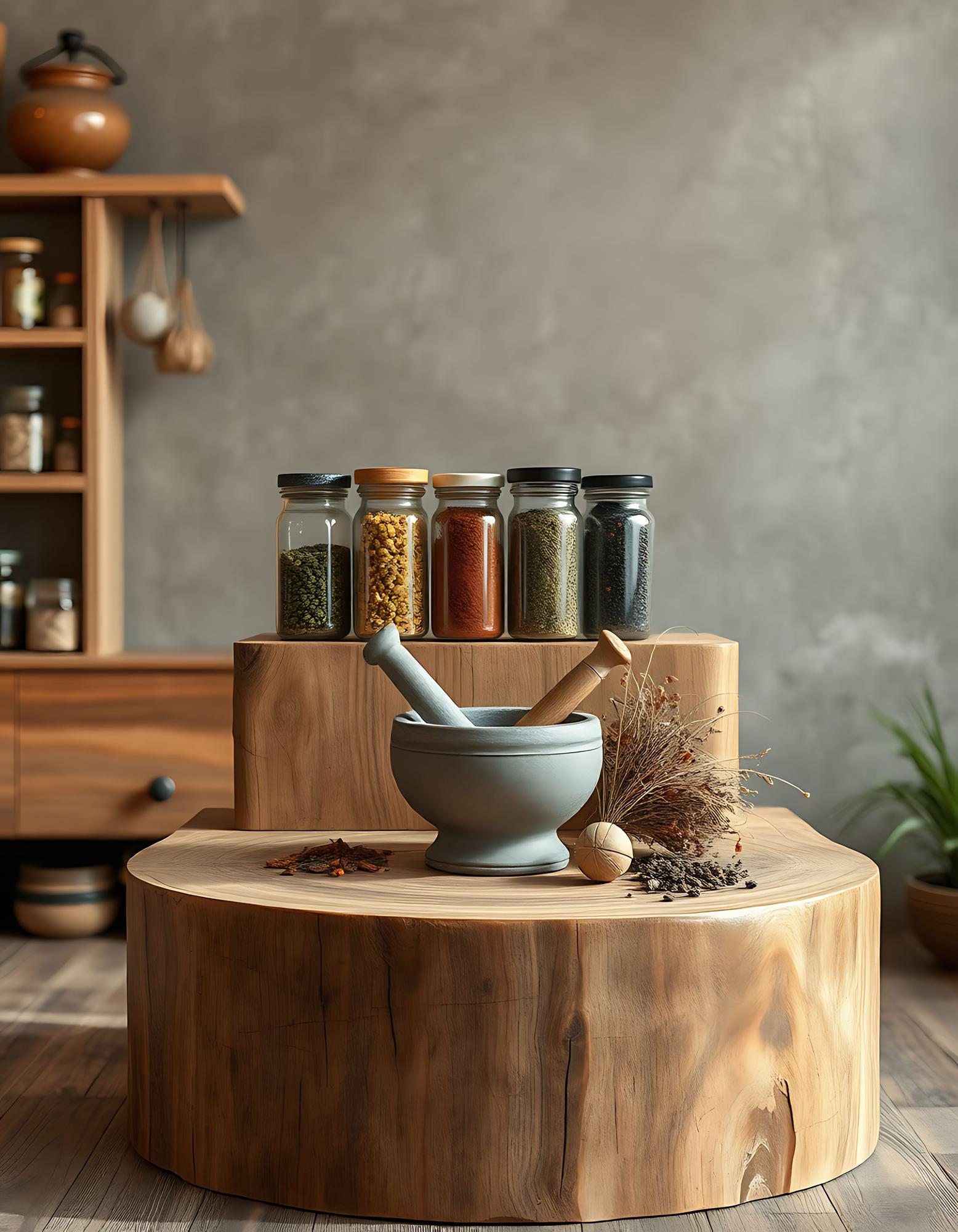 Studio counter with jars of spices and a mortar