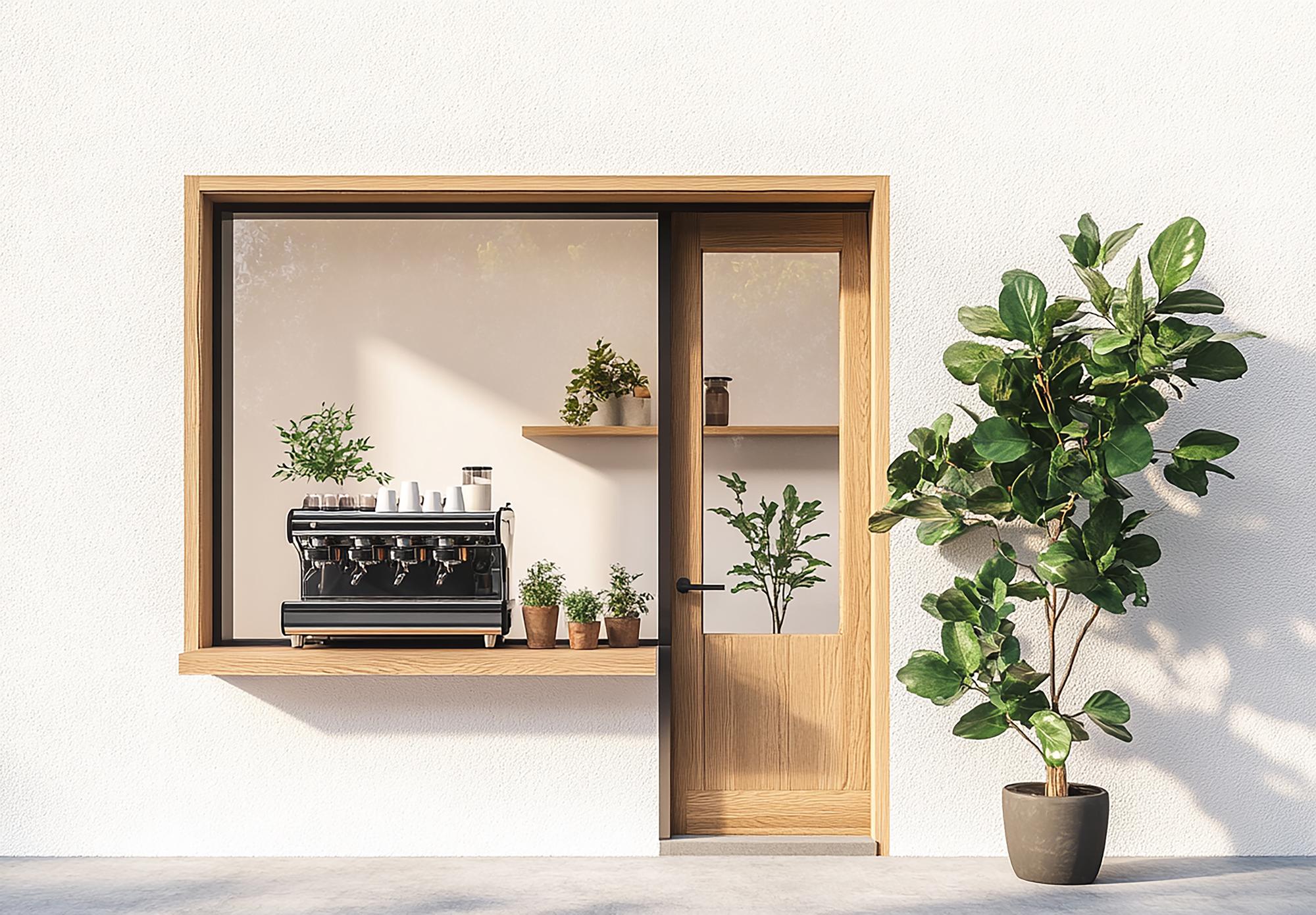 Studio entrance with simple signage and potted plants