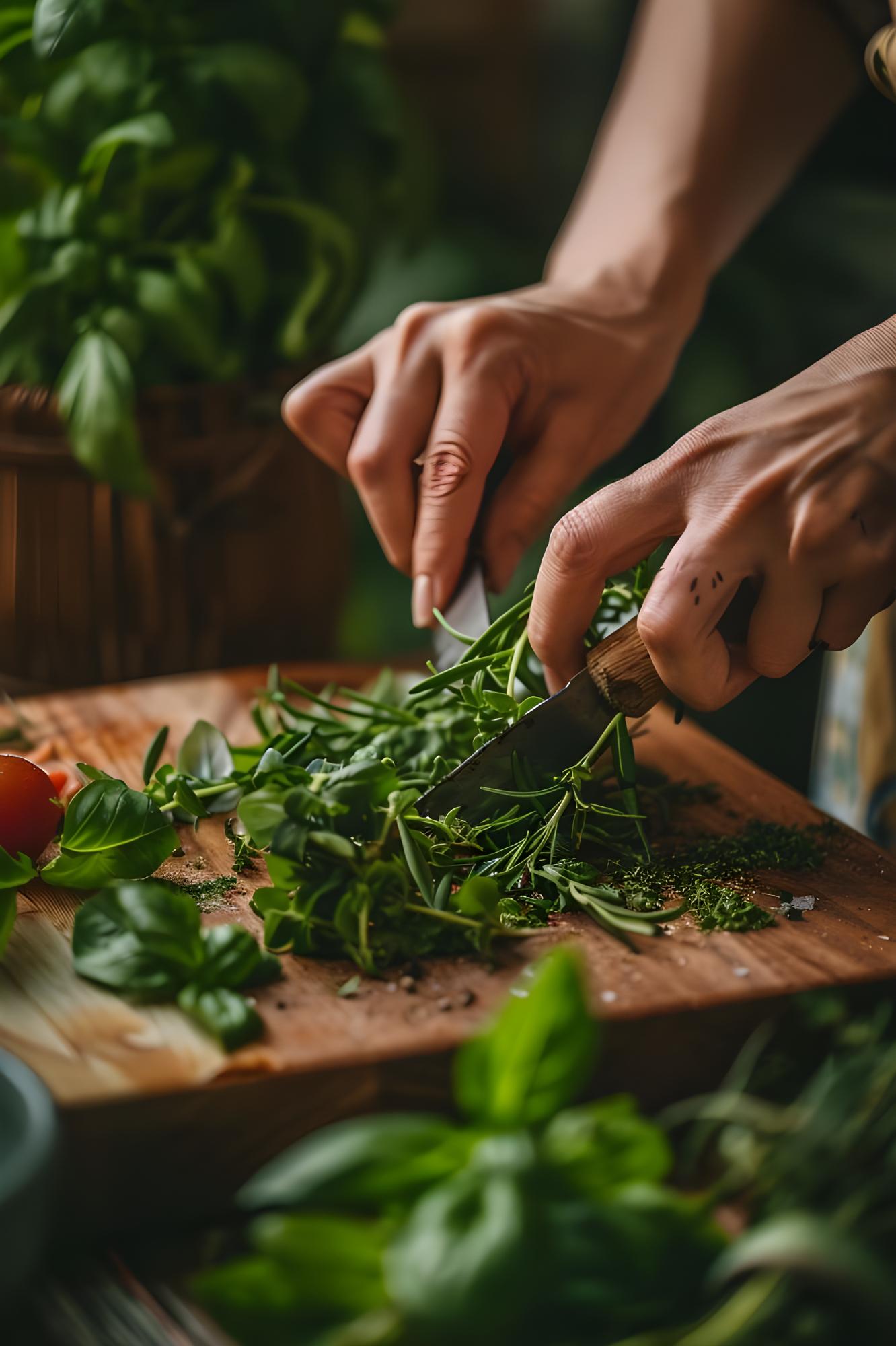Close up of hands tearing herbs
