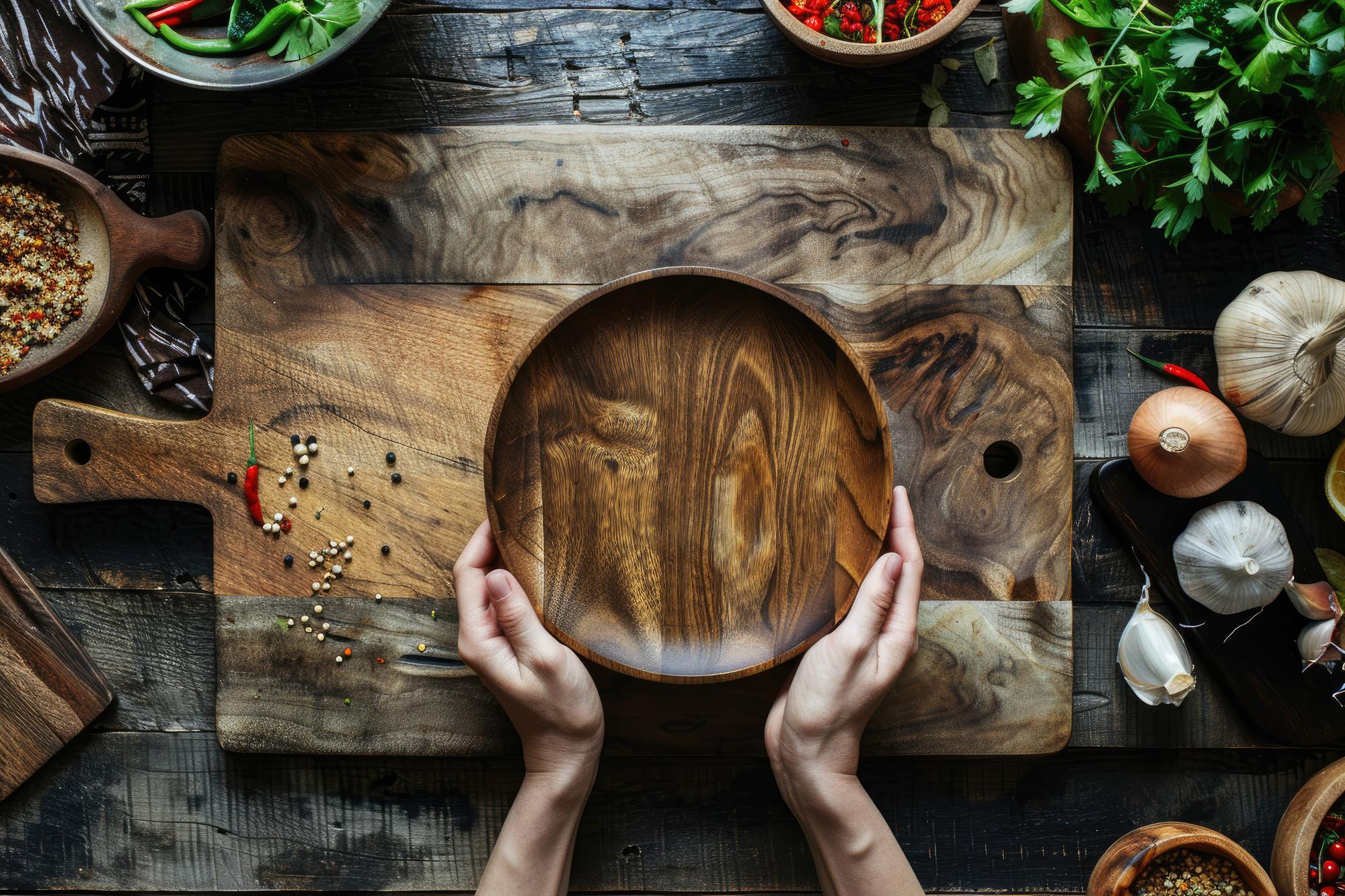 Hands plating a simple composed dish on a wooden board
